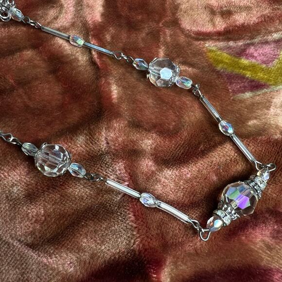 Vintage Austrian Crystal Princess Length Necklace Glass Bugle Spacers Iridescent - Picture 3 of 12